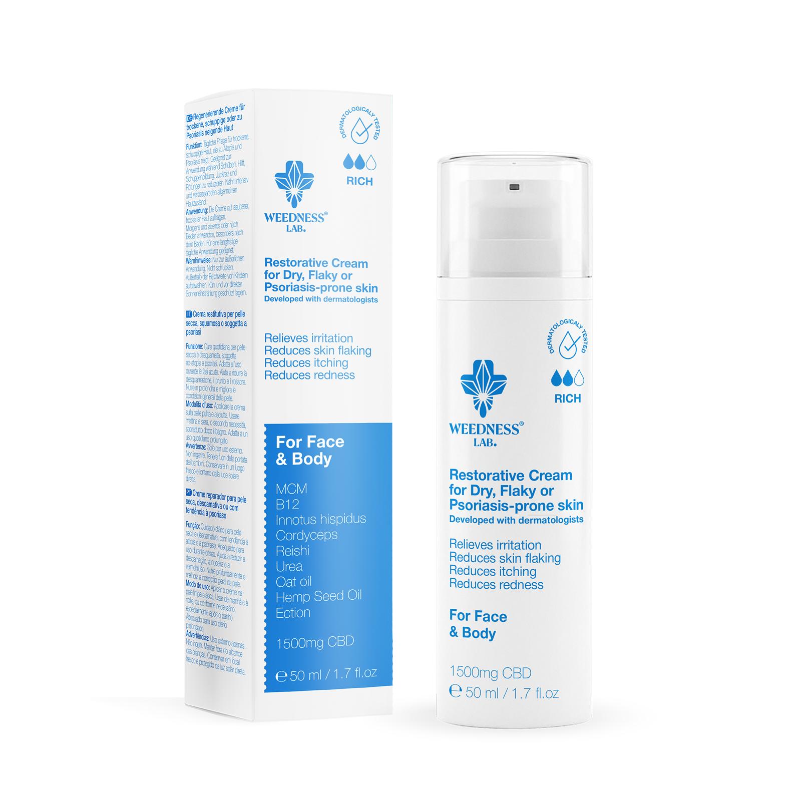 Cremă reparatoare cu CBD pentru piele uscată, descuamată și cu tendință psoriazică.